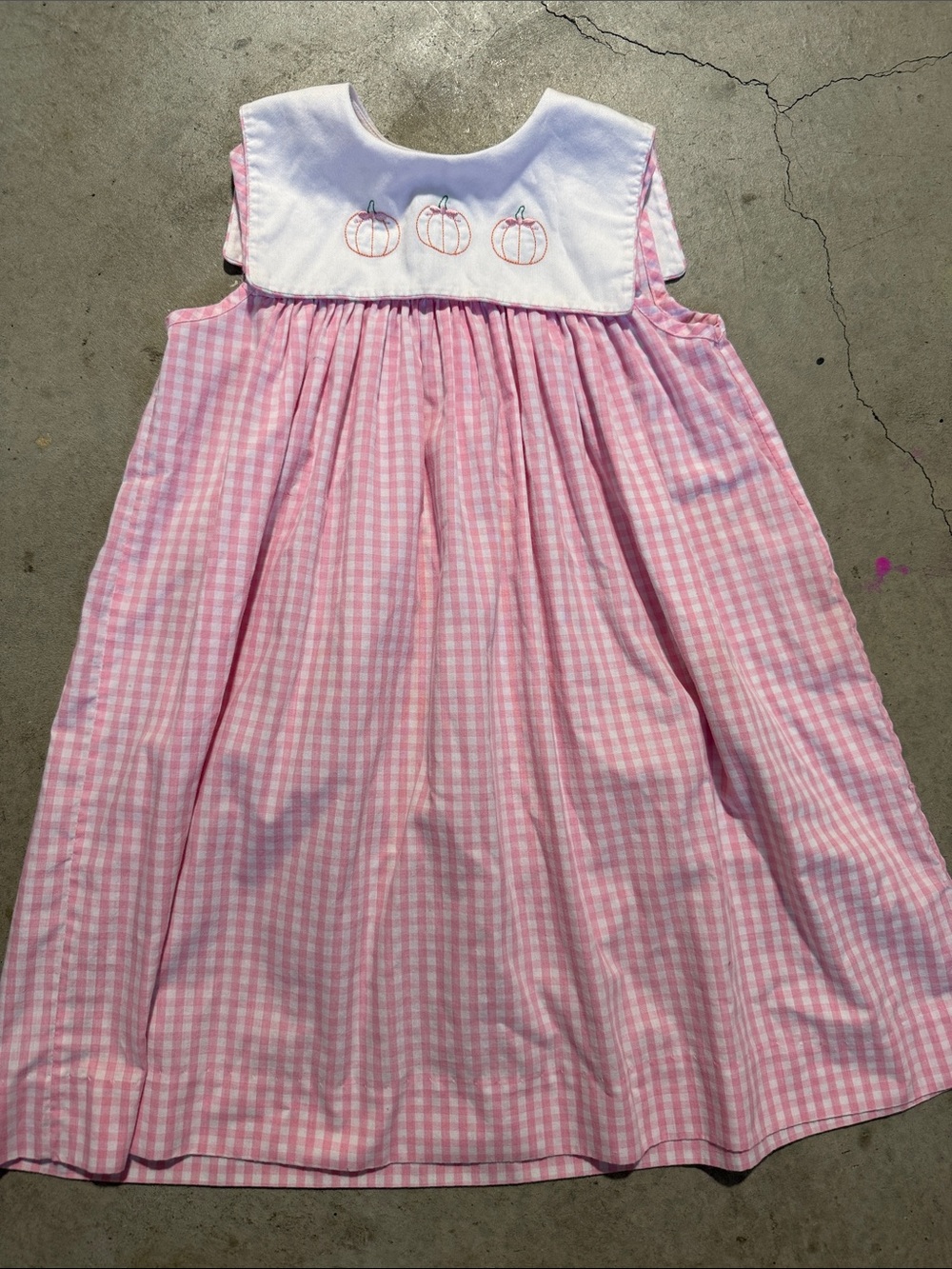 Southern Smocked Co. Pink Gingham Sleeveless Dress w/ Pumpkin Embroidery